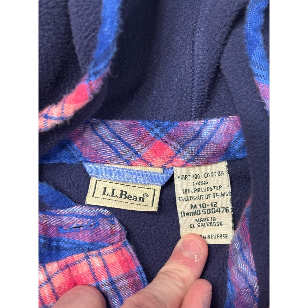 LL Bean Girls Blue Pink Plaid Flannel Fleece Lined Hooded Shirt M 10-12 - Picture 3 of 6
